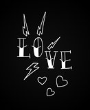 Old school tattoo Love design with hearts and lightnings. Vector line illustration.