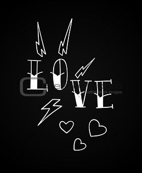 Old school tattoo Love design with hearts and lightnings. Vector line illustration.