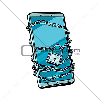 smartphone chain lock. Locked gadget. isolated on white backgrou
