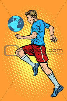 World championship. football player with planet Earth like a soc
