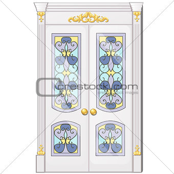 Entrance door with exquisite ornamentation. Vector illustration.