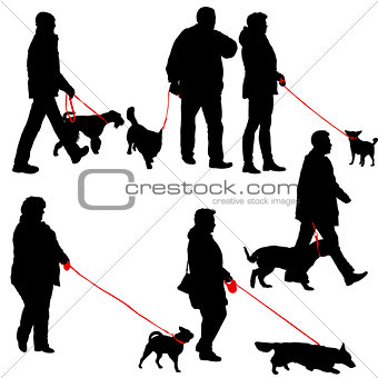 Set ilhouette of people and dog on a white background