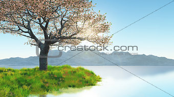 3D cherry blossom tree on grassy bank against mountain landscape