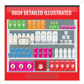 Refrigerated supermarket display case full with multiple drinks and beverages. Illustrated vector for your Mockup design.