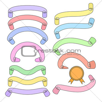 Set of different ribbons, pastel color tapes, banner collection, vector illustration