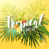 Bright exotic summer design with lettering integrated to tropical plants and flowers. Vector background of hibiscus flowers and royal and banana palm tree leaves.
