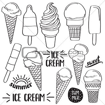 Doodle ice cream collection  isolated in black and white for col