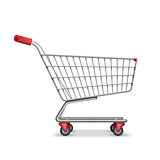 Empty metallic supermarket shopping cart side view isolated on white. Realistic supermarket basket, retail pushcart vector illustration