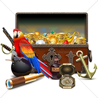 Vector Old Pirate Chest with Treasures