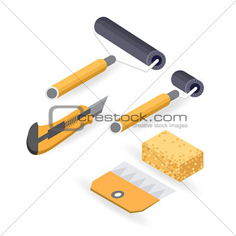 Roller, cutter. Isometric construction tools isolated on white.