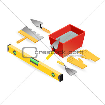 Level, gloves, spatula, mortar. Isometric construction tools.
