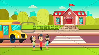 Pupils are near the school bus. School across the road. Transition in front of the school. Students are going to learn. Back to school concept.