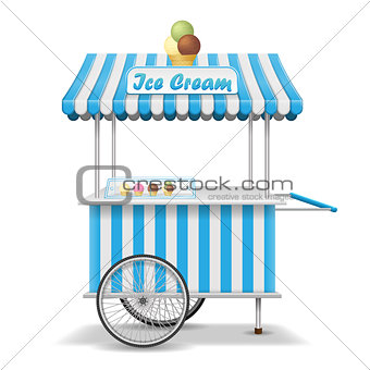 Realistic street food cart with wheels. Mobile pink ice cream market stall template. Ice cream kiosk store mockup. Vector illustration