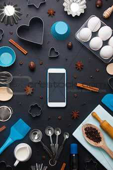 Baking background eggs kitchen tools mobile phone mockup 