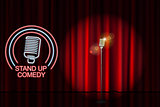 Stand up comedy with neon microphone sign and red curtain backdrop. Comedy night stand up show or karaoke party. Vector illustration