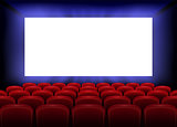 Cinema movie premiere poster design with empty white screen. Realistic cinema hall interior with red seats. Vector illustration.