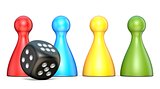 Plastic game figures and one black dice 3D