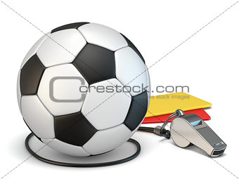 Football concept red and yellow cards, whistle and soccer ball 3