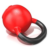 Red kettle bell weight, lying on its side, isolated on a white b