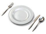 Plate, fork, knife and spoon side view 3D
