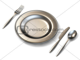 Metal plate, fork, knife and spoon side view 3D rendering
