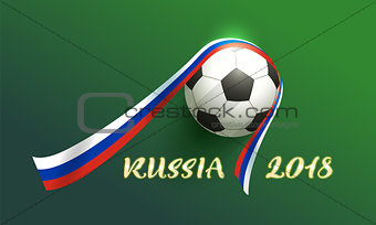 Russia 2018 banner text. Soccer ball and ribbon russian flag