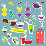 Stickers summer and travel collection on the blue background. Perfect for web, card, poster, cover, tag, invitation, sticker kit. Vector illustration.