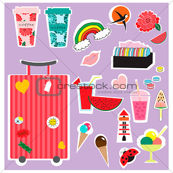 Stickers summer and travel collection. Perfect for web, card, poster, cover, tag, invitation, sticker kit. Vector illustration.