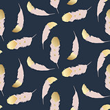 Blush pink feathers with gold endings seamless pattern.