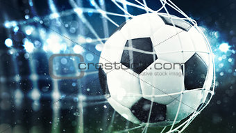 Soccer ball scores a goal on the net. 3D Rendering
