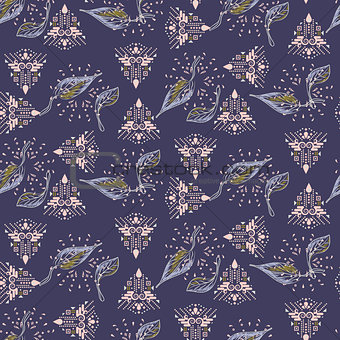 Fusion of ethnic and foliage purple seamless vector pattern.