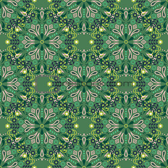 Green mandala seamless vector pattern.