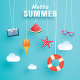 Hello summer with decoration origami hanging on the sky backgrou