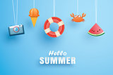 Hello summer with decoration origami hanging on the sky backgrou