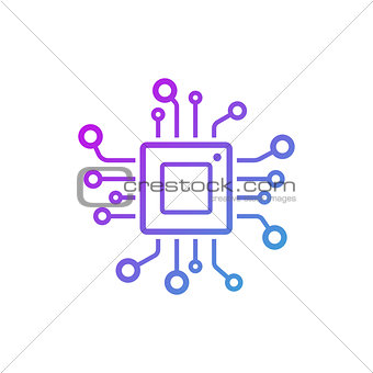 Microchip line icon. CPU, Central processing unit, computer processor, chip symbol in circle. Abstract technology logo. Simple round icon isolated on black background. Creative modern vector logo