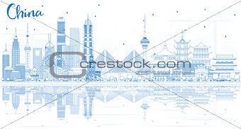 Outline China City Skyline with Reflections. 