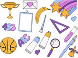Freehand drawing school items. Vector illustration. Set