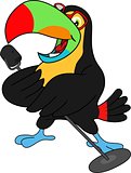 Funny cartoon toucan with microphone. Vector on white background.