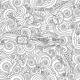 Serene hand drawn outline seamless pattern with sea waves, seashells isolated on white background.