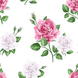 Rose flowers, petals and leaves in watercolor style on white background. Seamless pattern for textile, wrapping paper, package,