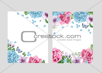 Floral blank template set. Flowers in watercolor style isolated on white background for web banners, polygraphy, wedding invitation, border.