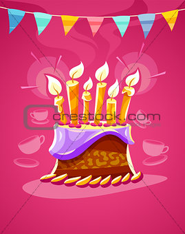 Chocolate birthday cake with cream burning candles