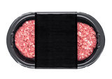 Raw fresh beef burgers in plastic tray on white