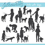  Kids and family with dog vector silhouettes