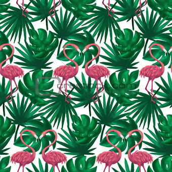 Flamingos Nature Leaf Seamless Pattern