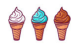 Set of ice cream in the waffle cones. Vector art