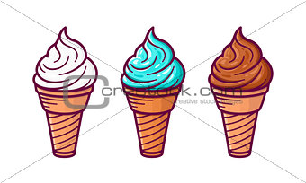 Set of ice cream in the waffle cones. Vector art