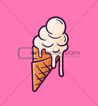 Vector cartoon melting ice cream balls in the cone