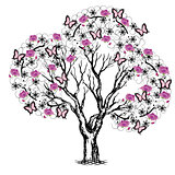 tree with butterflies and flowers black and pink