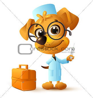Funny yellow dog doctor vet holding injector